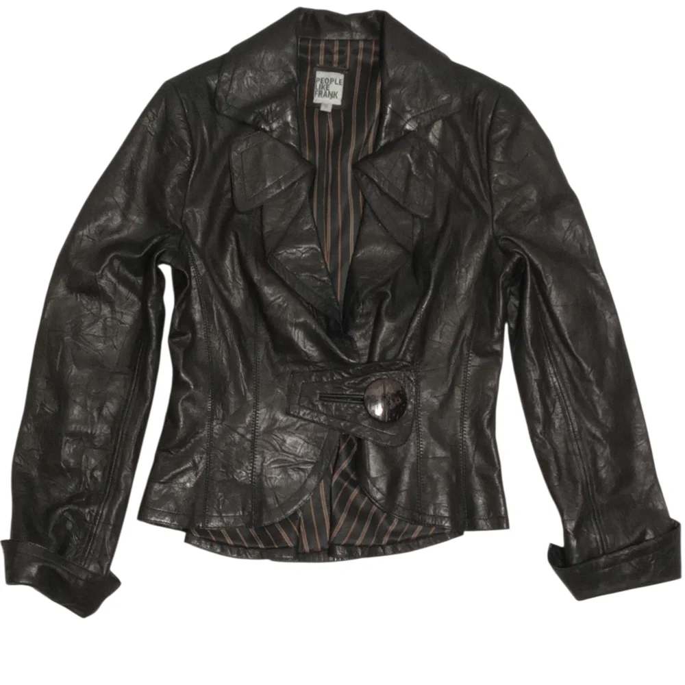 People Like Frank Leather Moto Peplum Button Charcoal Black Leather Jacket Sz S